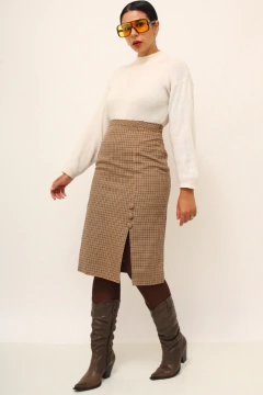 Saia xadrez bege vintage midi - comprar online