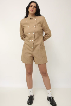 Macacão bege 100% linho manga longa - loja online