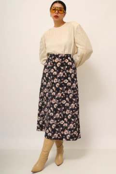 Saia floral cintura alta midi preta - comprar online