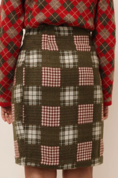 Imagem do Saia xadrez verde traznapssada lã cintura alta