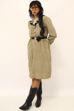 Vestido gravata vintage bege gola babados - comprar online