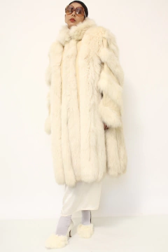 Casaco pele branco longo com couro creme - loja online