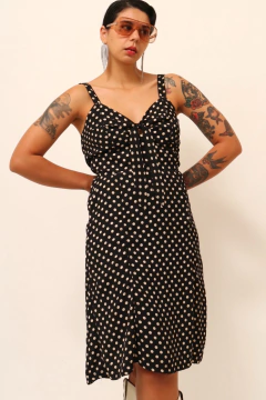 Vestido poa preto forrado semi midi