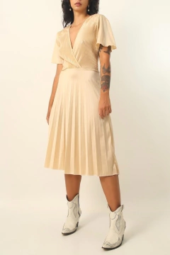 vestido dourado plissado midi vintage - comprar online