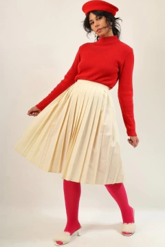 Saia cintura alta pregas creme vintage
