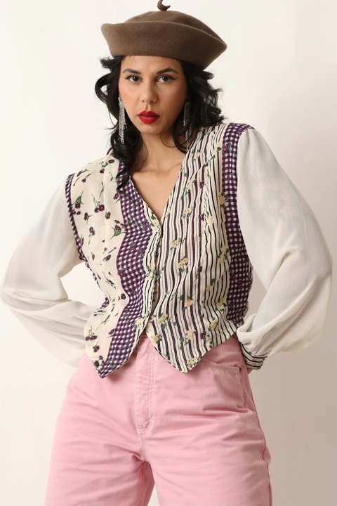 camisa off white floral estilo colete frente