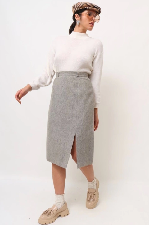 Saia cintura alta cinza Lã forrada fenda lateral midi