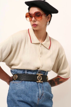Pulover tricot bege listra vermelho 70´s