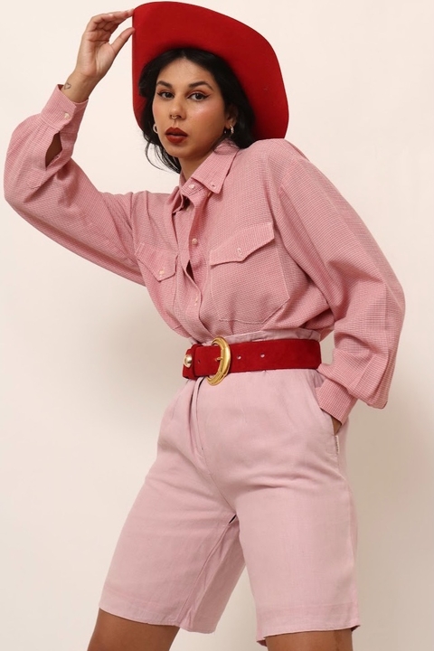 camisa xadrez rosa vintage manga longa