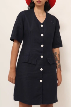 vestido linho azul botoes couro branco - loja online