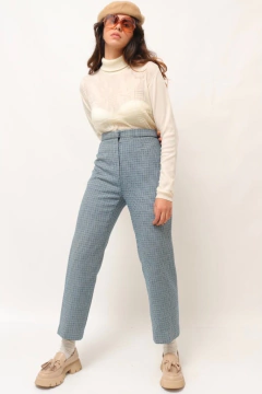 calça cintura alta azul xadrez vintage