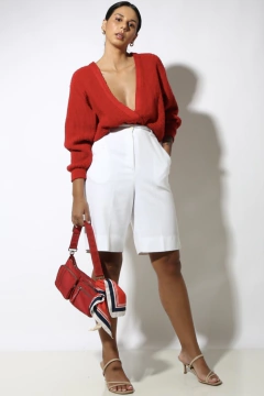 Tricot cropped manga bufante decote transpassado  - Capichó Brechó