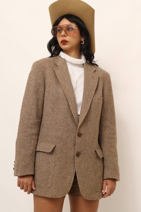 Blazer xadrez classico recorte couro marrom
