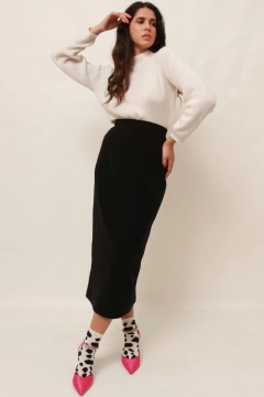 saia midi preta reta cintura alta vintage