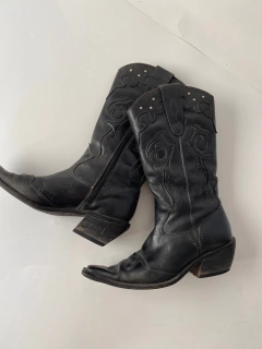 Bota couro western preta vintage 34