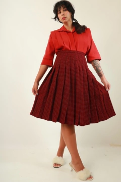 Saia lã xadrez plissada cintuta alta forrada