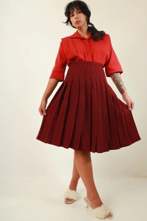 Saia lã xadrez plissada cintuta alta forrada