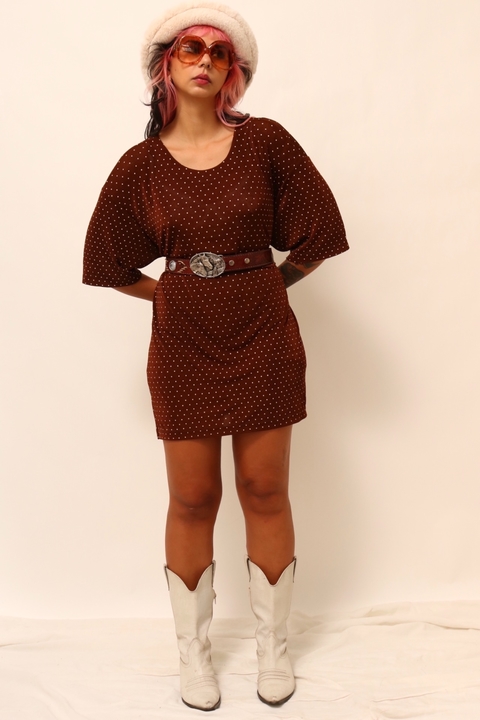 Blusão estilo vestido estilo largo manga curta de bolinha marrom