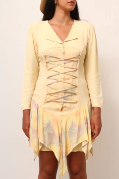 Vestido amarelo amarração saia vintage na internet