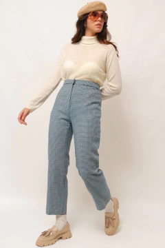 calça cintura alta azul xadrez vintage - loja online