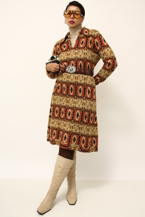 Vestido estampado 70´s vintage manga longa laranja bege tricot