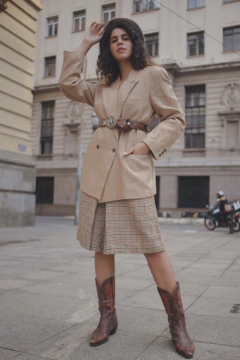 Bermuda xadrez 100 % lã cintura alta ampla - loja online