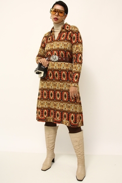 Vestido estampado 70´s vintage manga longa laranja bege tricot - comprar online