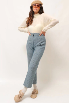 calça cintura alta azul xadrez vintage na internet