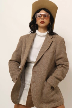 Blazer xadrez classico recorte couro marrom - loja online