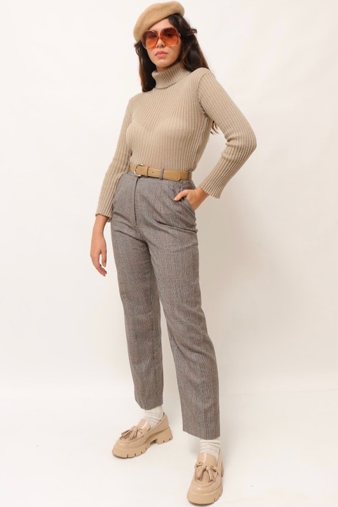 calça xadrez cintura alta cinza