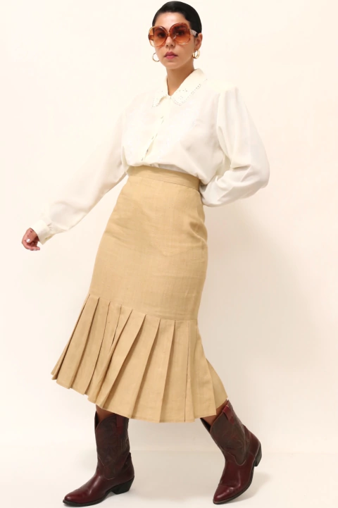 Saia cintura midi pregas 100% linho