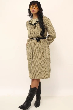 Vestido gravata vintage bege gola babados