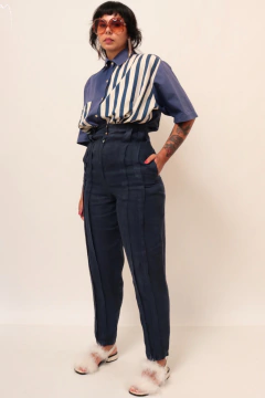 Calça 100% linho azul cintura mega alta