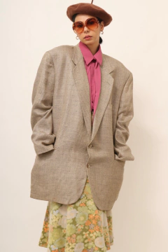 Maxi blazer xadrez bege via veneto linho