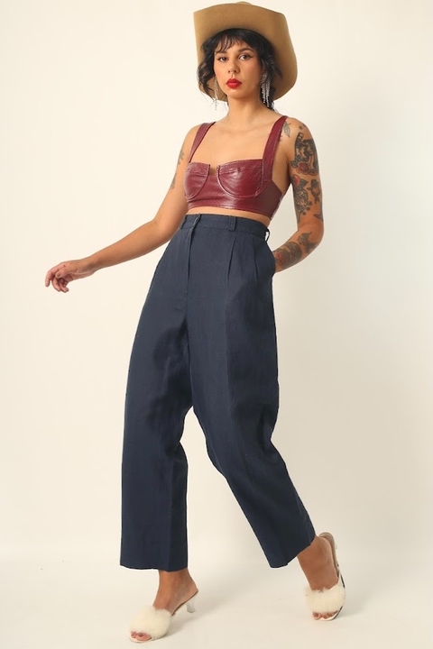 calça linho azul marinho cintura alta