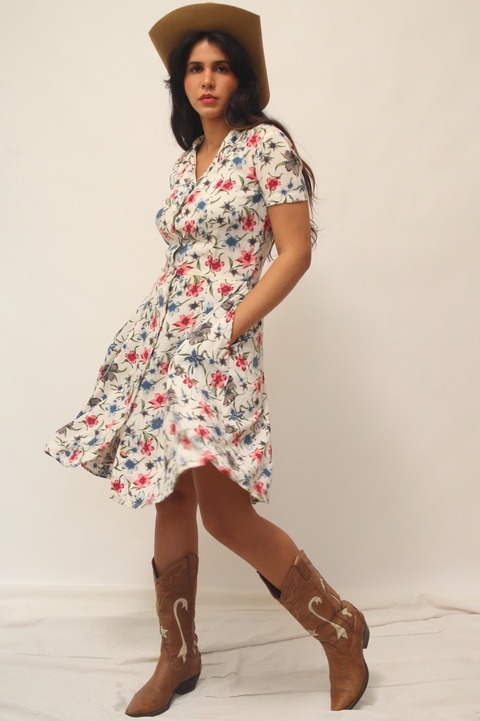 Vestido flores off white midi 90´s