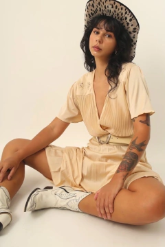 vestido dourado plissado midi vintage - comprar online