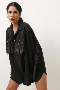 Camisão preto franjas bordado ampla na internet