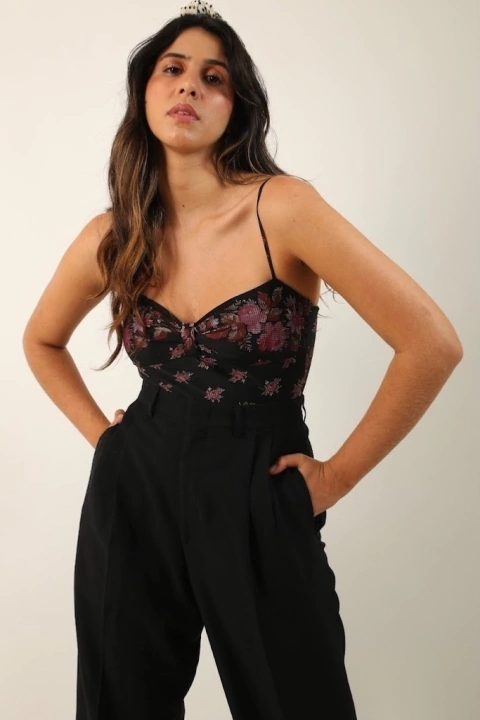 Maiô preto justo busto vintage floral