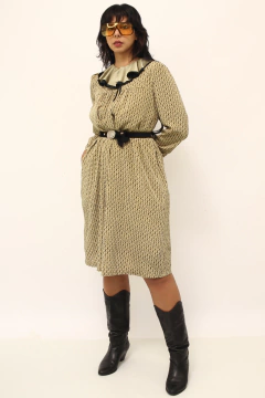 Vestido gravata vintage bege gola babados - loja online