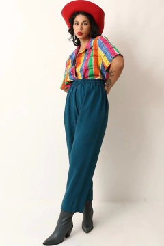 calça cintura alta verde xadrez
