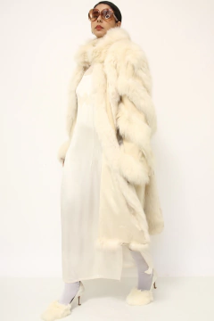 Casaco pele branco longo com couro creme - loja online