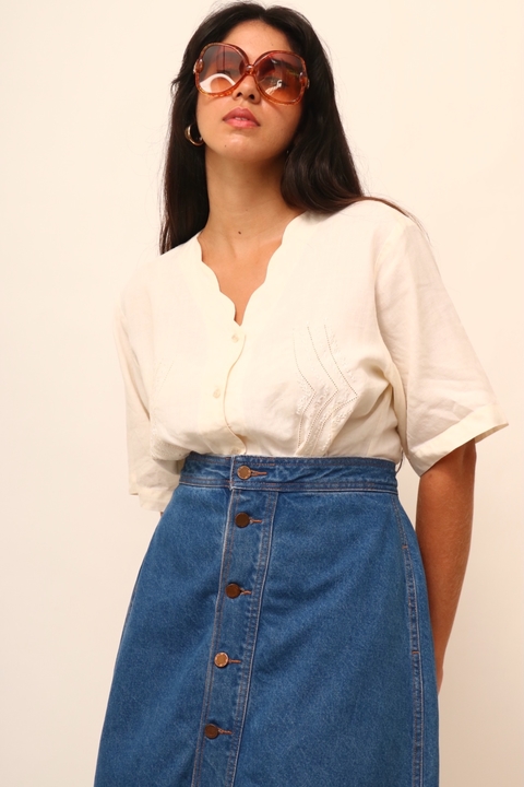 Camisa linho bordada bege vintage
