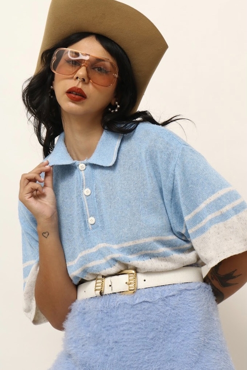 Polo tricot vintage azul com bege floquinhos 70`s