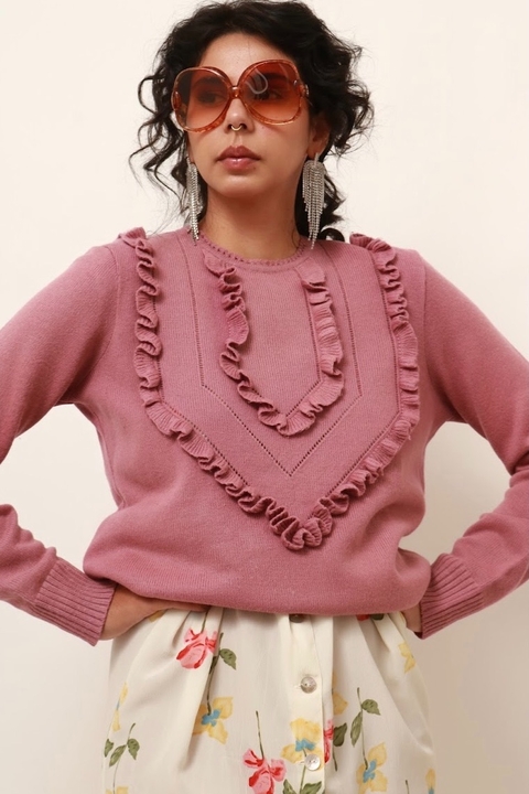 Tricot babados frente rosa manga longa