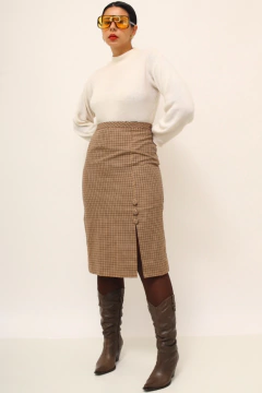 Saia xadrez bege vintage midi - comprar online
