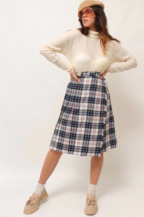saia xadrez azul pregas cintura alta