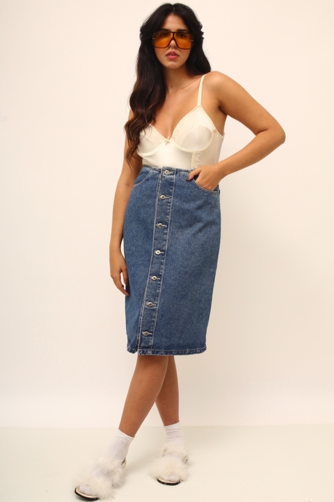 Saia midi cintura mega alta jeans