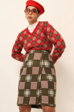 Saia xadrez verde traznapssada lã cintura alta - loja online
