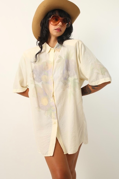 camisa vestido off white ombreira estampa